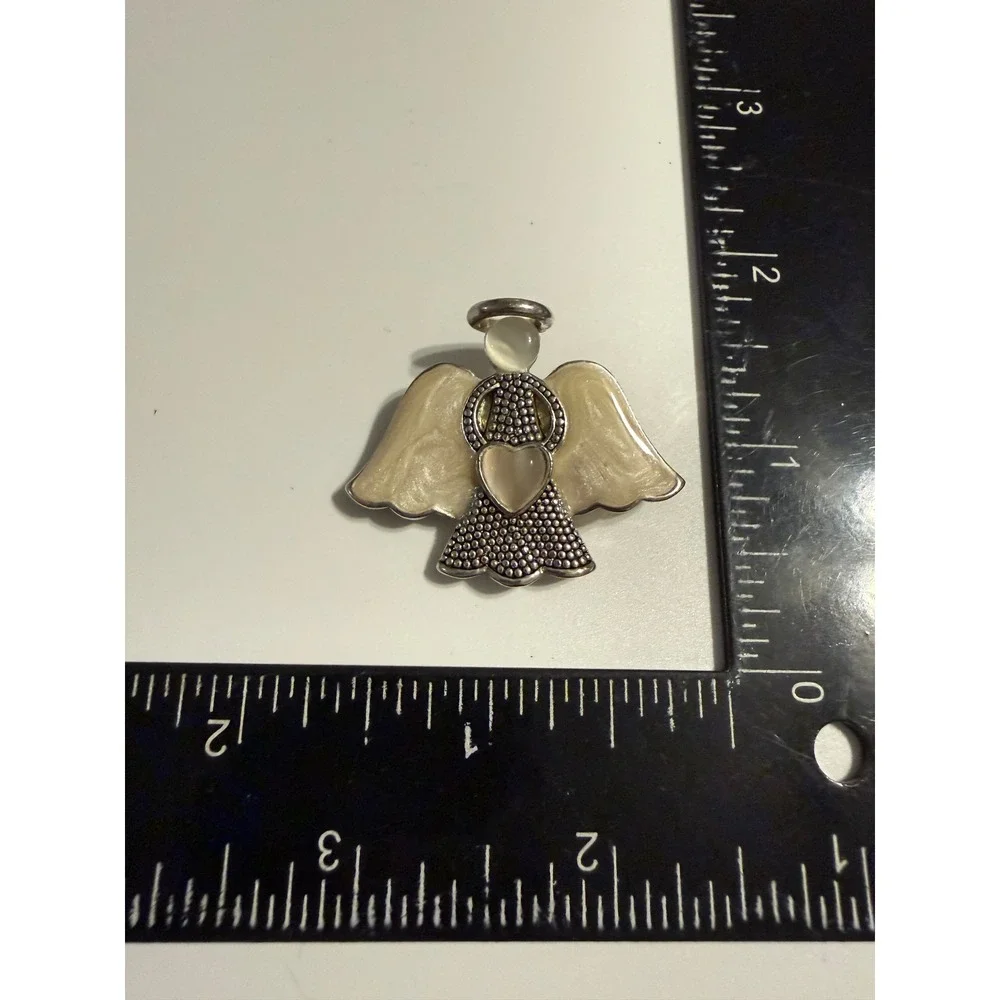 Silver Tone Angel Brooch Cream Enamel Wings Moonstone Heart Halo Pin